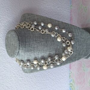 Triple Strand Faux Pearl & Chain Necklace